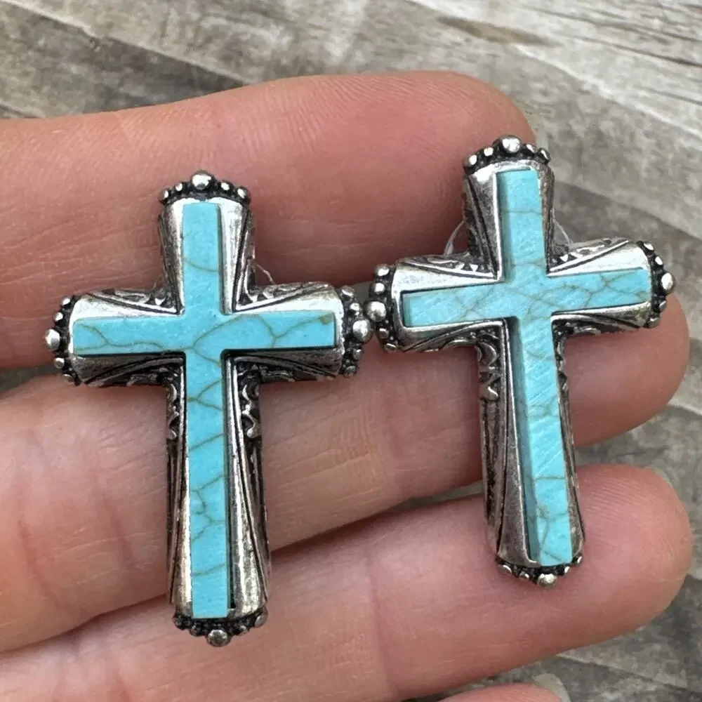 Turquoise Tone Howite or Plastic Cross Earrings Western Boho Silver Tone Post